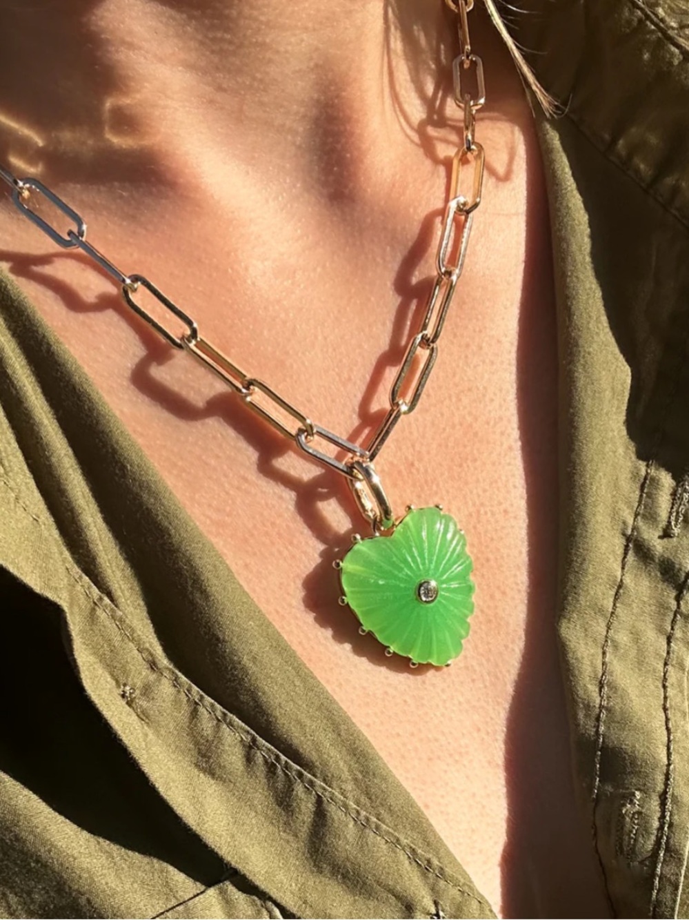 Gold-Tone Paperclip Chain Necklace with Green Heart Pendant